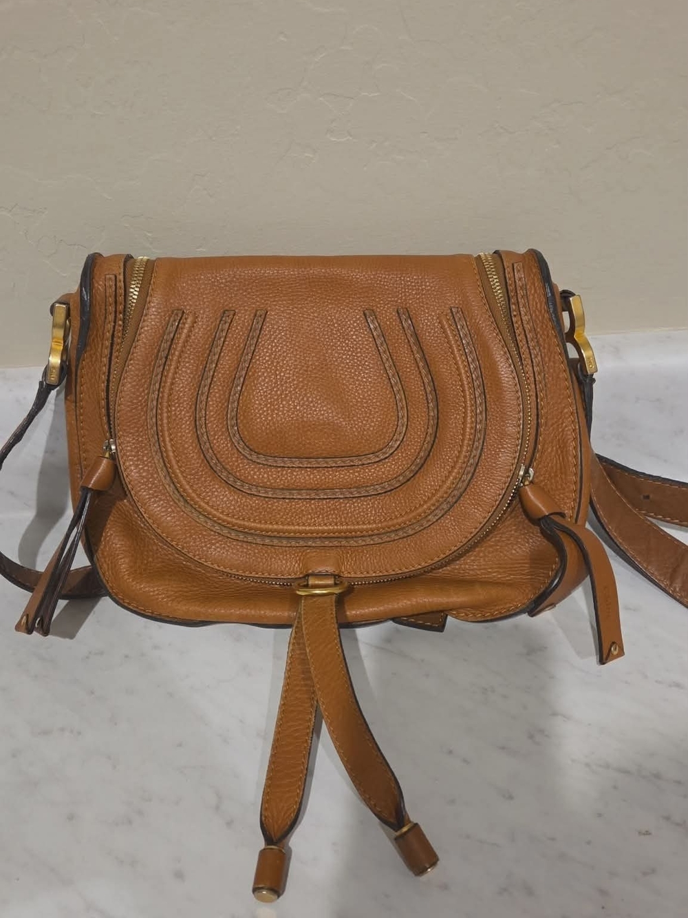 Chloe Tan Pebbled Leather Marcie Small Saddle Crossbody